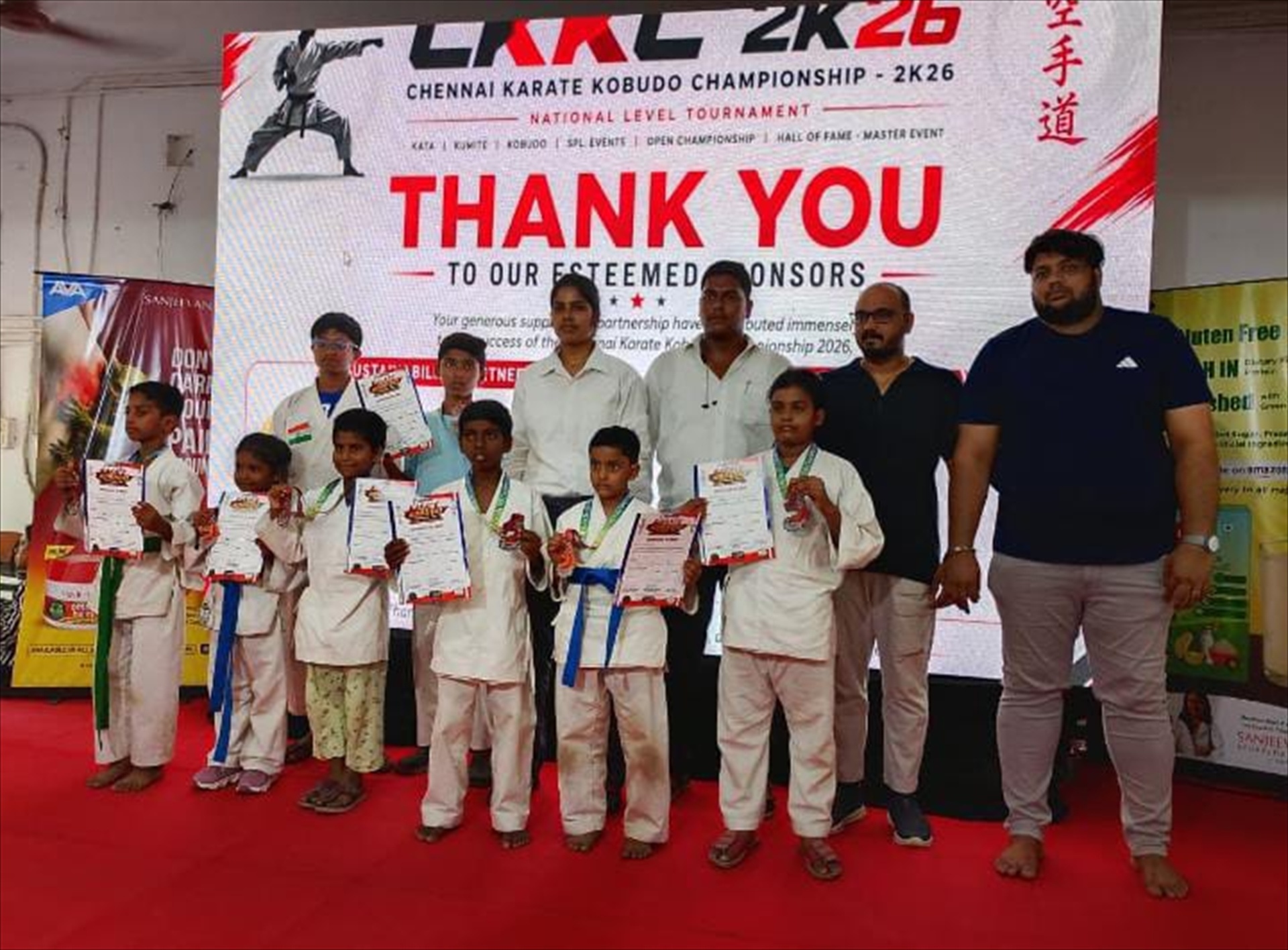 Darkan instructors and karate students holding certificates after the Chennai Karate Kobudo Championship