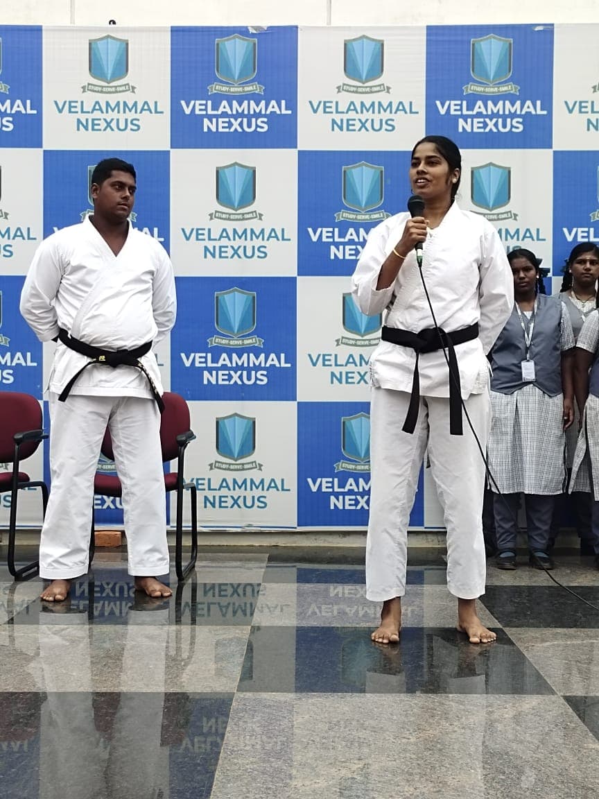 Kowsalya addressing students with Kannan during the self-defence awareness programme at Velammal Nexus Avadi