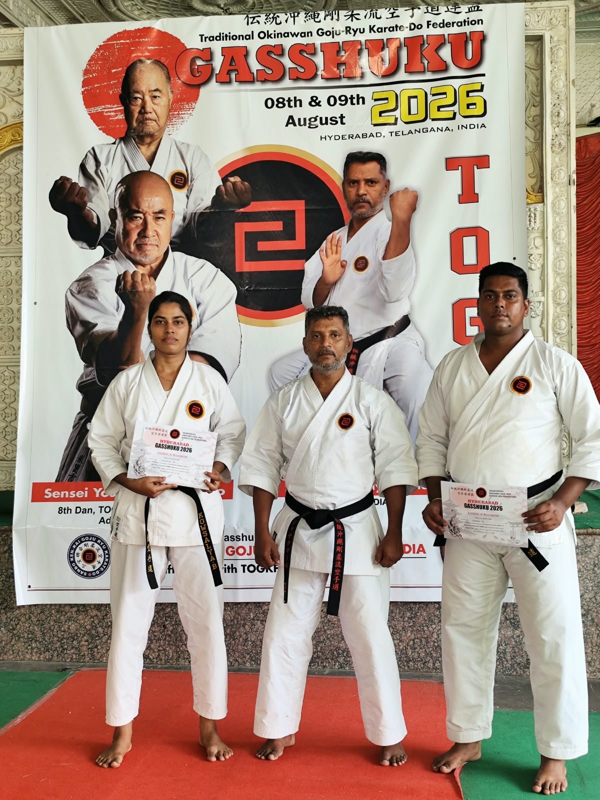 Darkan instructors Kowsalya, M. Vijaya Kumar and Kannan with Gasshuku completion certificates in Hyderabad